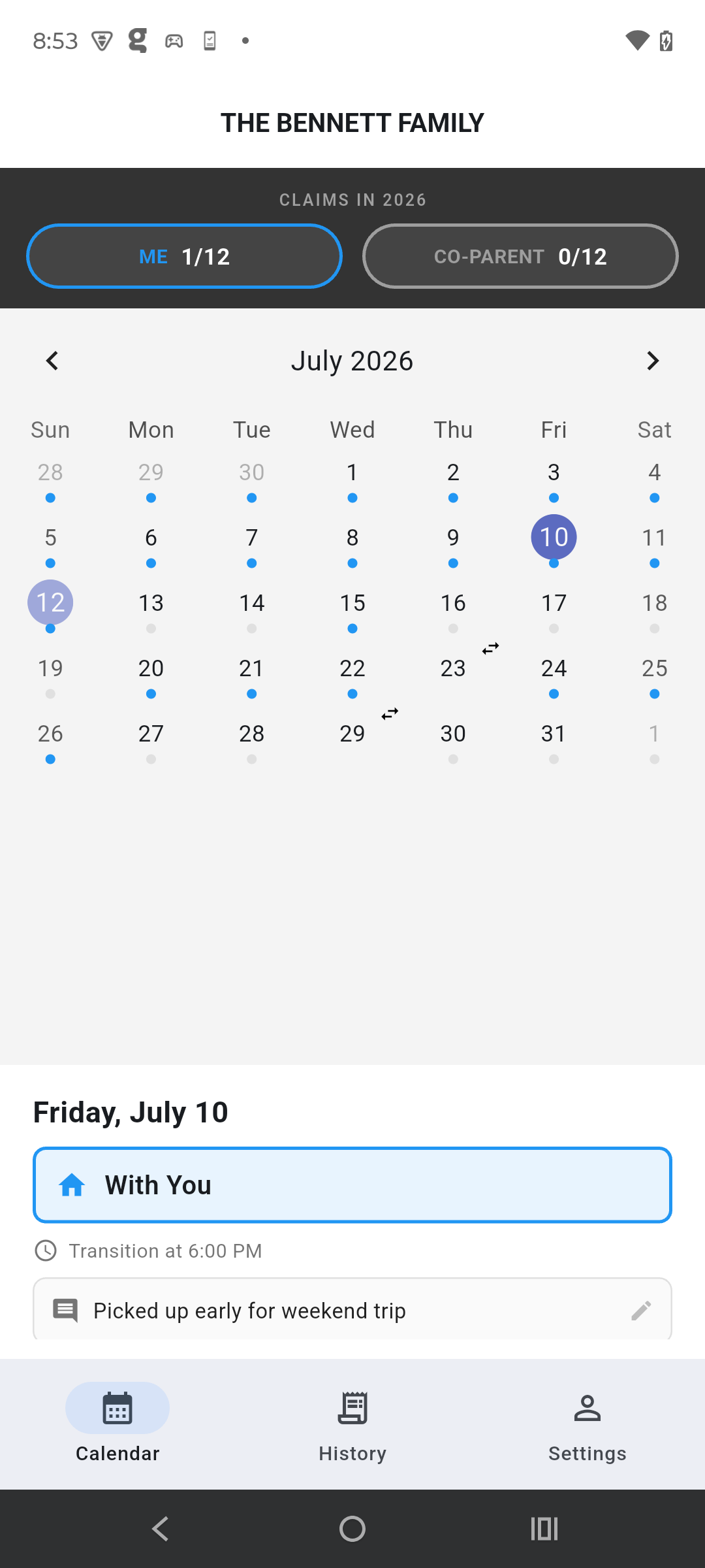 Calendar view showing color-coded custody days and the selected day's details