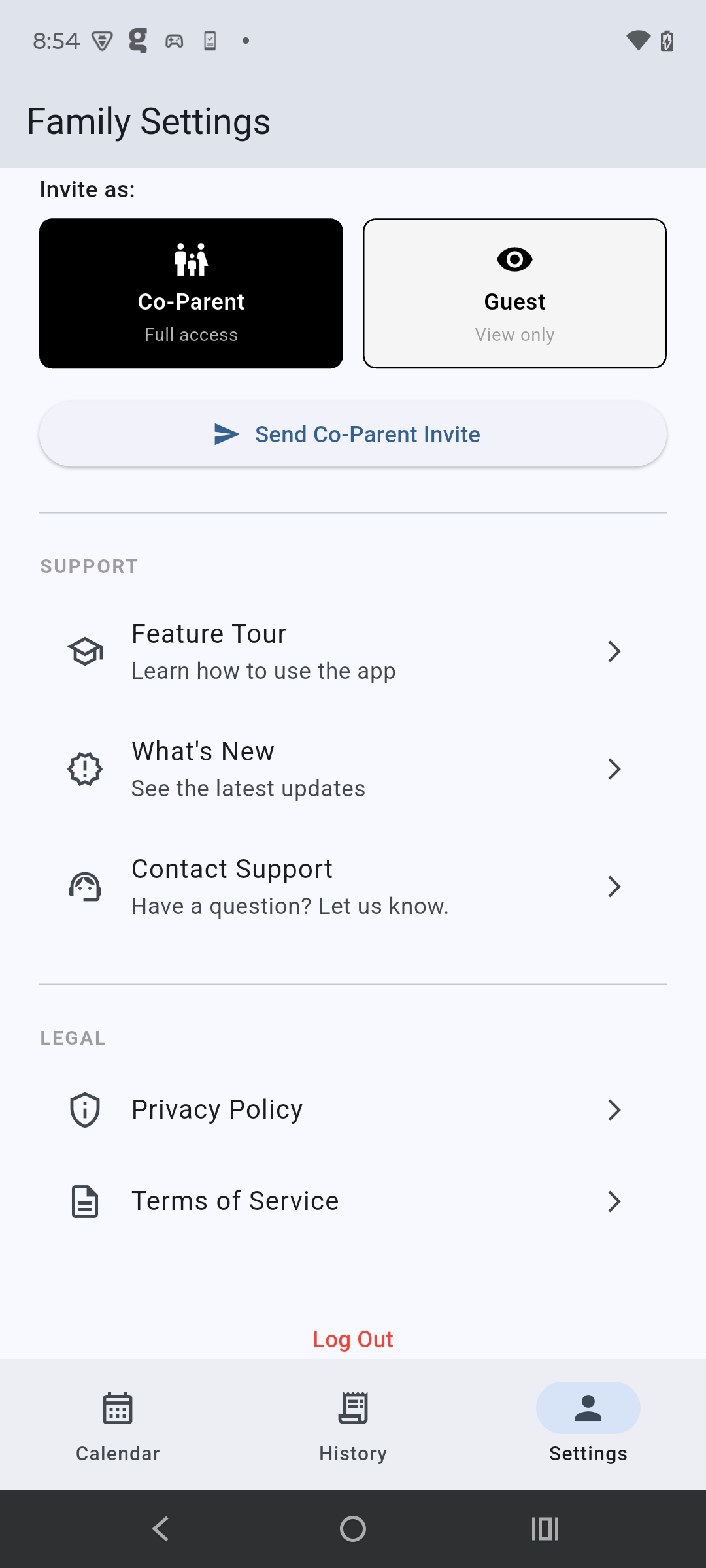 Settings screen for inviting a co-parent with full access or a guest with view-only access