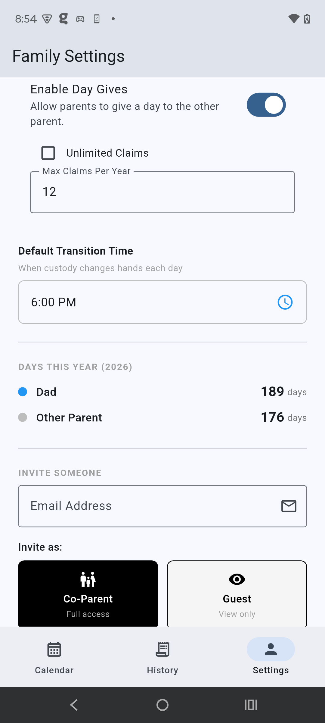 Family settings showing the yearly claim limit, transition time, and days per parent this year